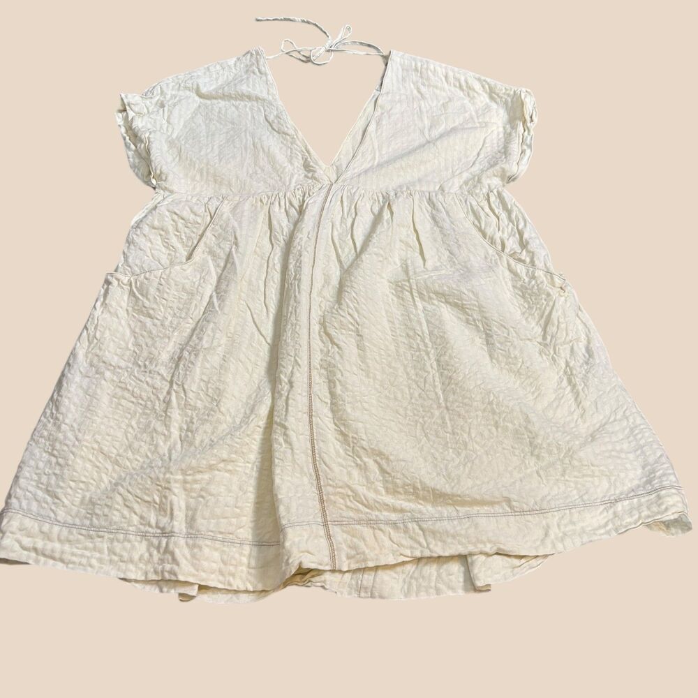 Urban Outfitters Serendipity Linen Babydoll Dress Womens S Cream Smocked V Neck
